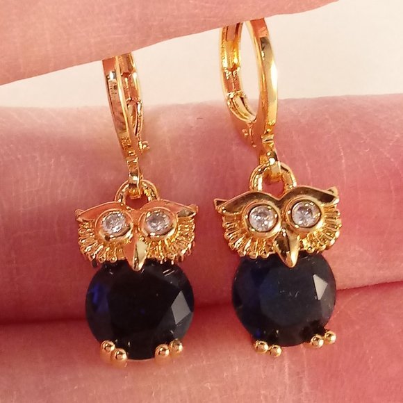 18K Yellow Gold Filled Blue Sapphire Diamond Zircon Owl Dangle Earrings 2.04ctw - Picture 1 of 4